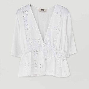 Pull&Bear White Eyelet Button-Closure Short-Sleeve Top: Sz M